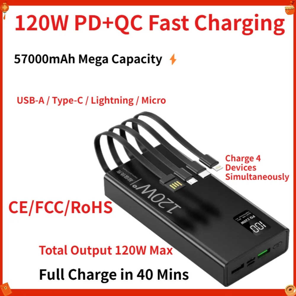 57000mAh Power Bank 120W Super Fast Charging, Built-in 4 Cables PD QC Portable Charger for iPhone Samsung Xiaomi All Phones