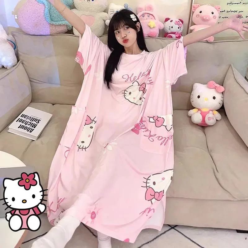 

Large Size Nightgown Kawai Hello Kittys Woman Pajamas Anime Kuromi Nightdress Summer Short-Sleeved Loose Long Student Loungewear