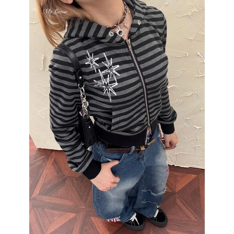 

Полосатая контрастная толстовка на молнии для женщин с длинными рукавами, осенняя тонкая и легкая короткая куртка в азиатском стиле, топ с капюшоном