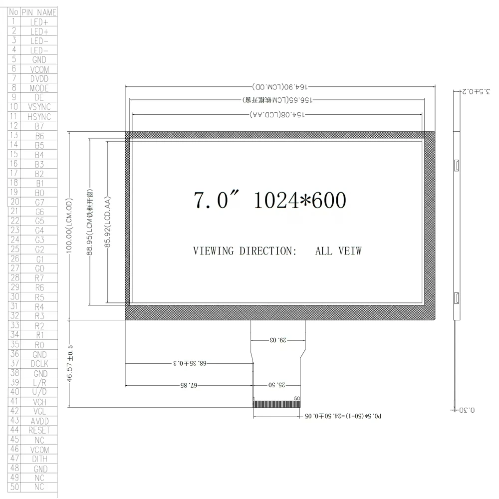 500 luminance TFT Display Modules IPS Full View Angle 7 Inch 10.1 Inch Capacitive Touch Screen 1024*600