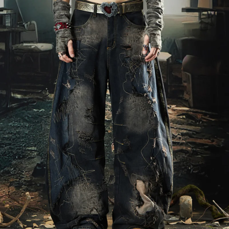 MWJLPWQ Dark Wash Frayed Rip Wide Leg Denim Jean Abstract Stitch High Waist Men Grunge Street Loose Casual Bottom Fit Wear 16948