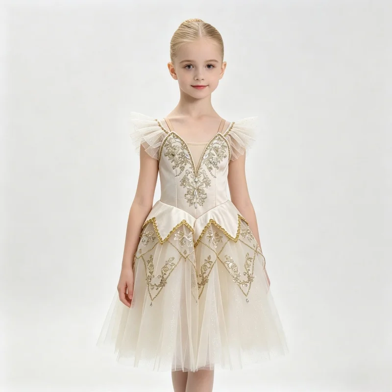 Kids champagne wing shoulder gold thread embroidery rhinestone ballet tutu court style performance dress for ballet competition