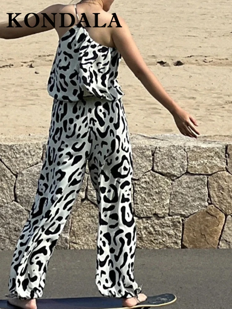 KONDALA 2025 Casual Women Print Suits Asymmetric Balloon Version Vest+Elastic Waist Long Pants Vintage Slim Leopard Women Sets