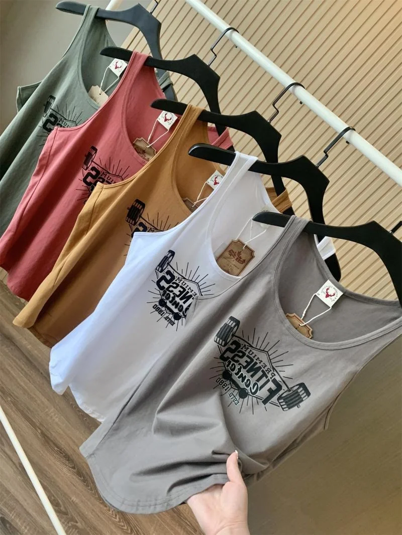 

Женская свободная футболка-жилет больших размеров с буквенным принтом в американском стиле, повседневный спортивный топ для уличной моды и хип-хопа