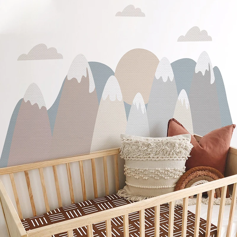 Large Warm Color Mountain Wall Sticker Waterproof Seamless Fabric Muslin Wall Mural for Kids Room Nursery Living Room Decoration