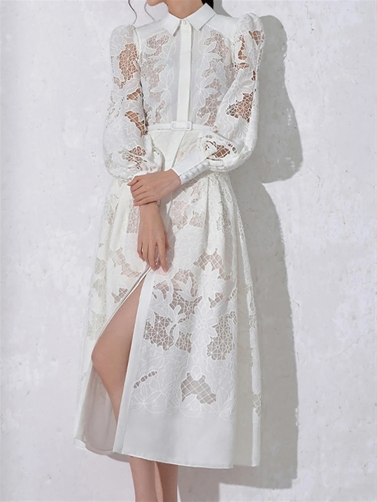 Runway Lace Dresses Women Long Sleeve 2023 Party Boho Elegant Luxury Vintage Dress High Waist Autumn Embroidery Spring vestido