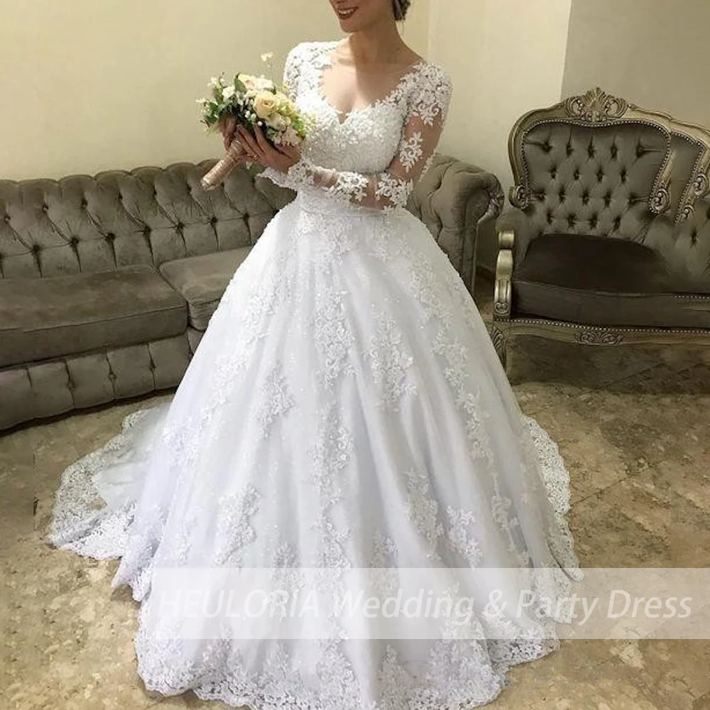 Vestido de fiesta de princesa para novia, vestido de novia de manga larga con cuello en V, talla grande, de encaje, con cuentas