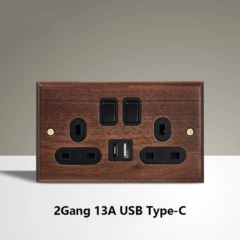 Black Walnut Wood Toggle Light Switch,Home retro Brass Panel,FR UK Universal Double USB Wall Electrical Socket Vintage Switch image 3
