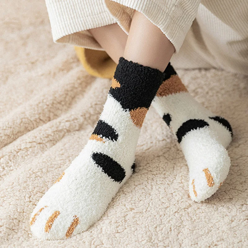 Winter Warm Fluffy Socks Thickened Cute Cat Paw Socks Super Soft For Female House Sleeping Floor Sox Home Clothing Accessories view 3