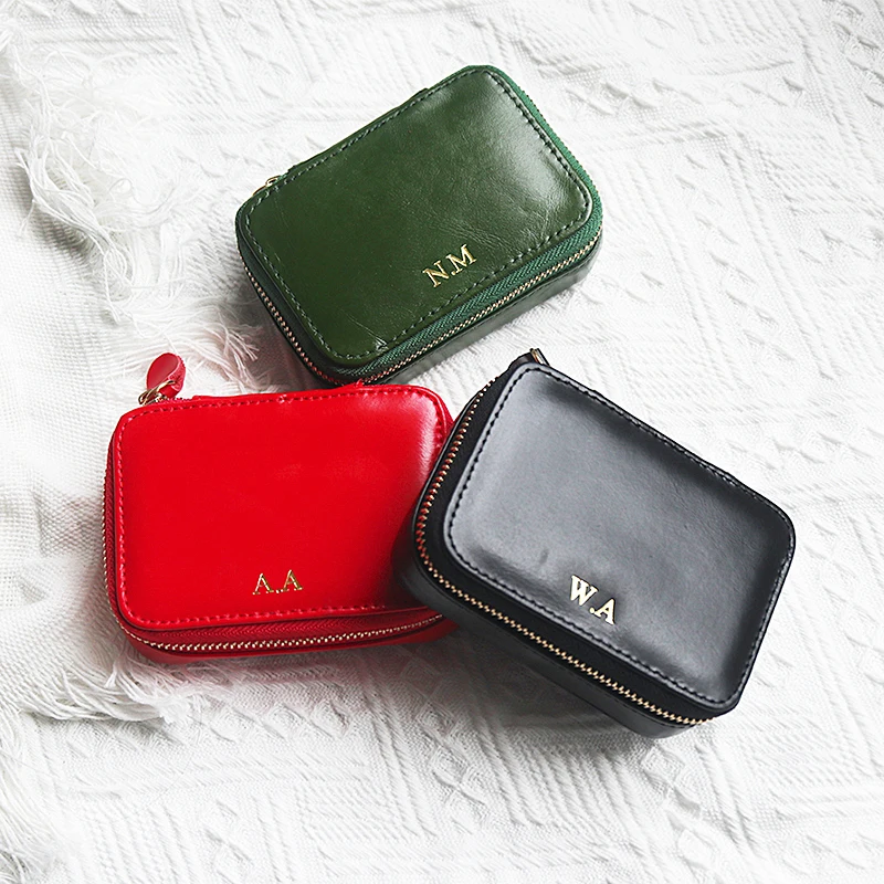 Custom Name Lady Cosmetic Box With Mirror Genuine Leather Luxury Woman Travel Portable Jewelry Case Personalized Lipstick Box