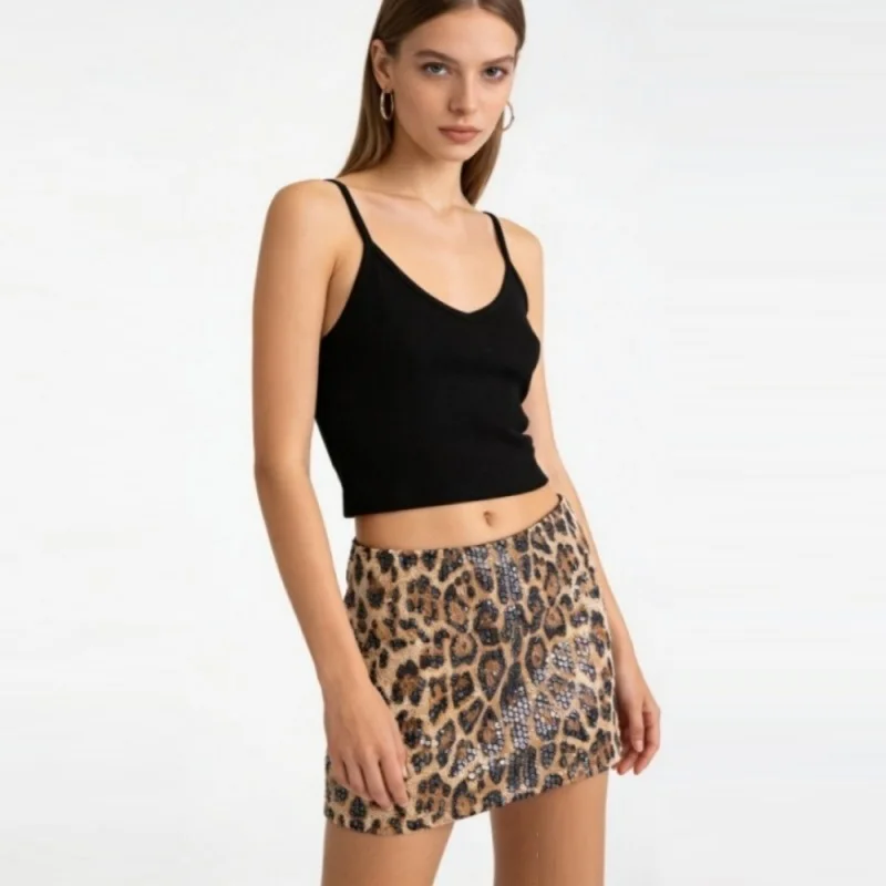 Women's Sequin Leopard Print Mini Skirts 2026 New Summer Bodycon Short Skirt Night Club Party Streetwear Female Bottoms