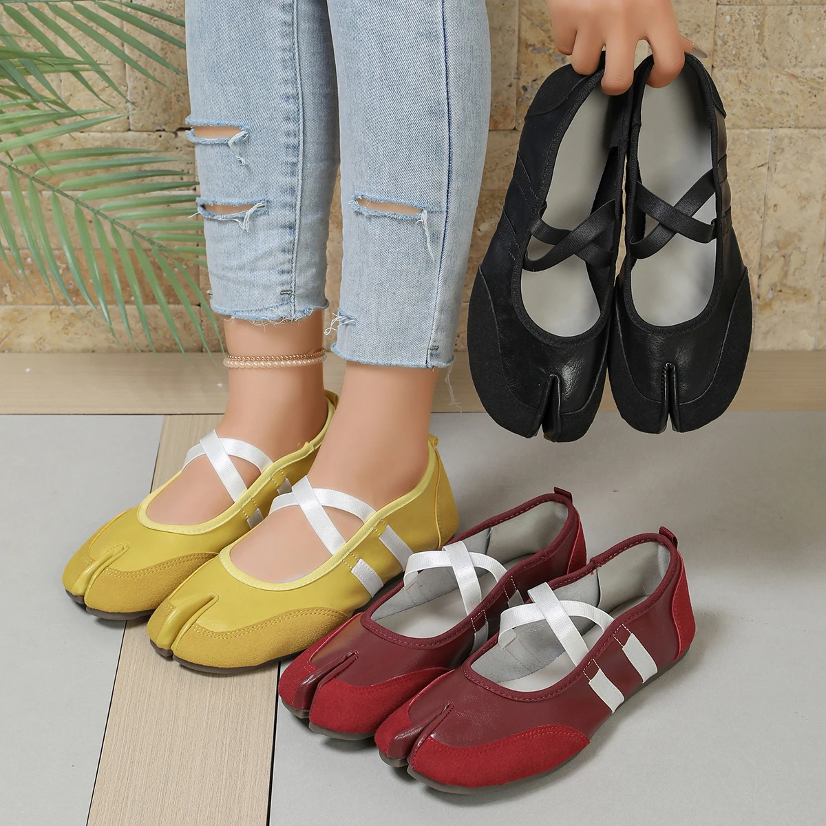 Flache Schuhe mit Kreuzriemen für Damen, lässiges Modedesign, Mary Jane Schuh, Slip-on, geteilte Zehenpartie, Ballett-Trainer, Sommer 2026, elegant, neu – Detail 4