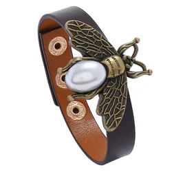 Fashion Creative New Alloy Pearl Bee brown PU leather Bracelet for men women