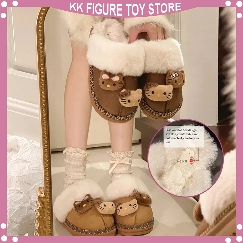 

Anime Sanrio Hello Kitty Plush Slippers Y2K Women Cotton Slipper Cute Cartoon Warm Home Shoes Outdoor Antiskid Flat Slippers