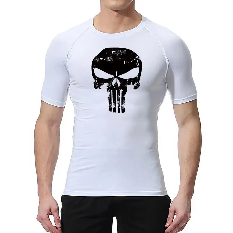 Skull Print Compression Shirts for Men Gym Workout Running Tshirts Sporty Athletic Quick Dry Tees Tops Short Sleeve Rash Guard