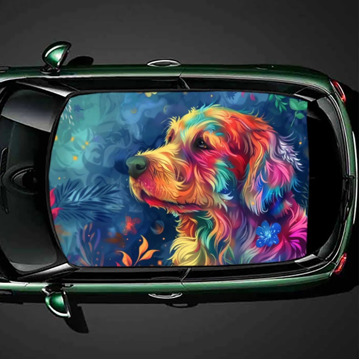 Fantasy Colorful Dog Portrait Car Roof Sticker PVC Self Waterproof stick , Striking Auto Exterior Accessories Decoration Protect