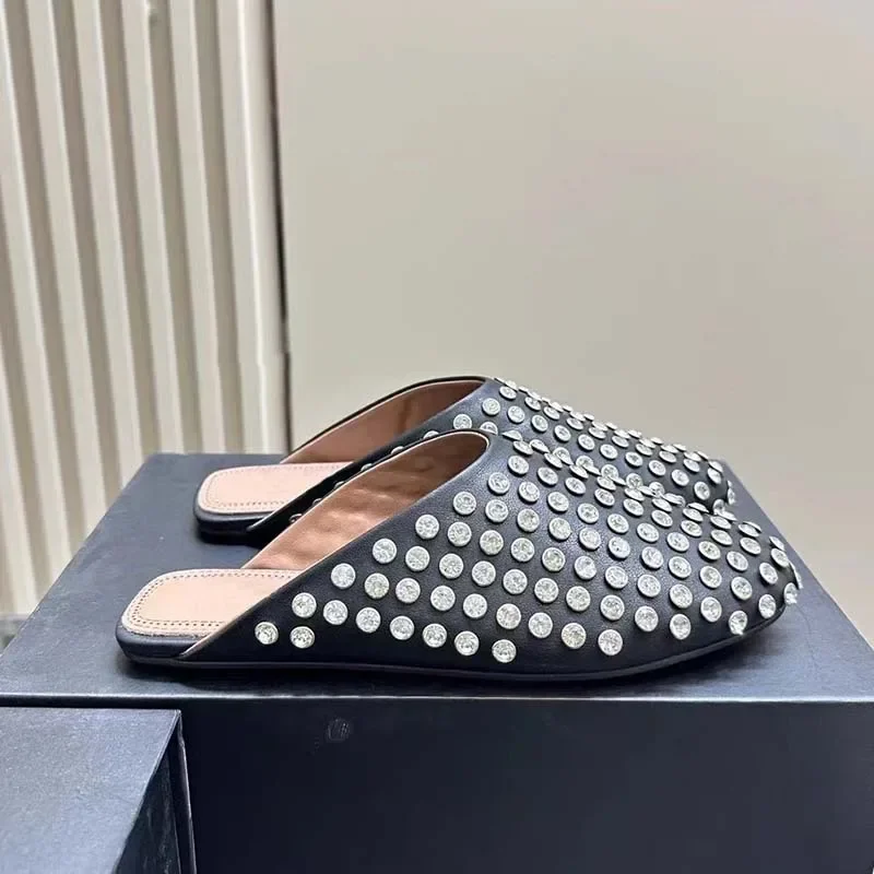 Crystal Rivet Slippers for Women, Fashionable Round Toe Flat Shoes, Luxurious Black Leather Sandals, New