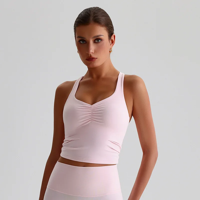 Canotta sportiva tinta unita Reggiseno fitness da donna Collant incrociato sul retro Abbigliamento da palestra Intimo Gilet da yoga Imbottitura per il petto antiurto ad alto impatto