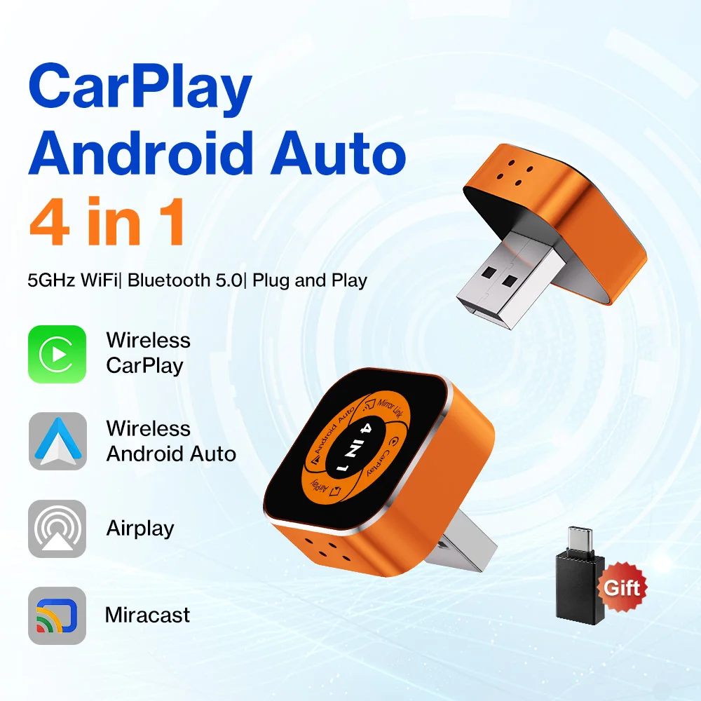 VCARLINKPLAY 4-in-1 CarPlay Android Auto AirPlay Mirror Link Stabiler Bluetooth-Adapter Kabelgebunden zu Kabellos für Volvo Benz MG Kia – Detail 1