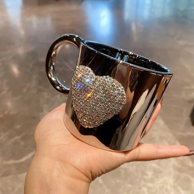 Sparkling Diamond Heart Mug Luxury Stainless Steel Coffee Cup Shatterproof Espresso Cups Kitchen Drinkware Home Accessories