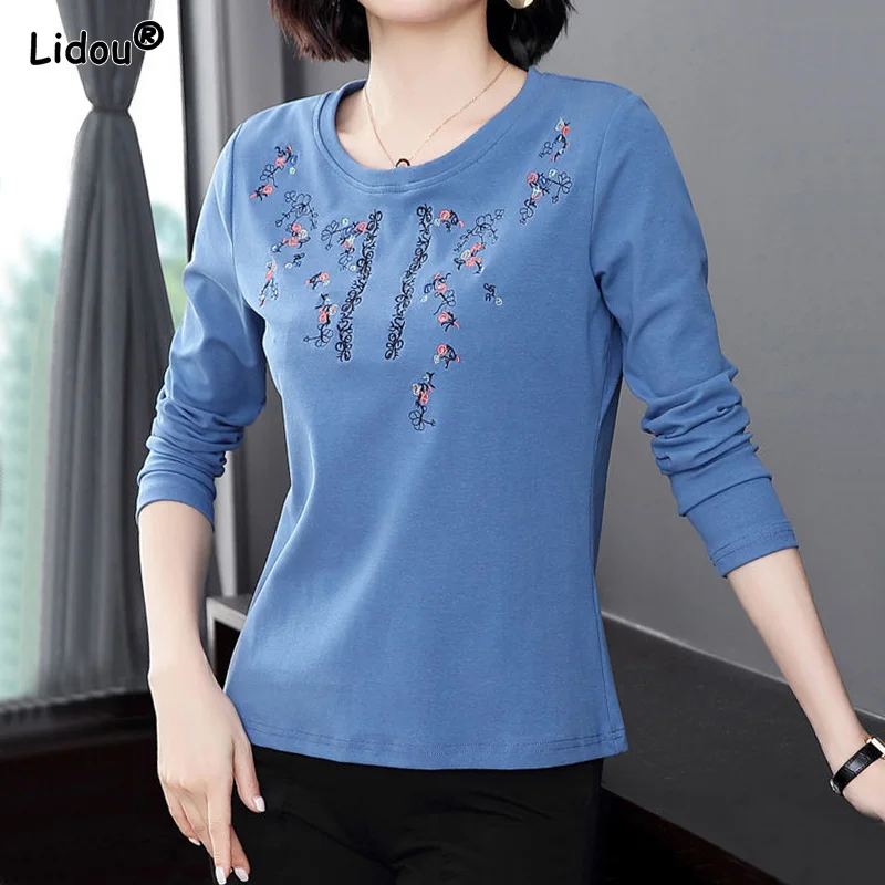 

Pure Cotton Embroidery Floral Long Sleeves Women's Clothing O-Neck Slight Strech Spring Summer Retro Art Popularity T-Shirts