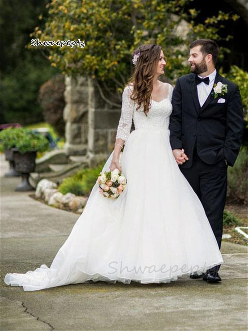 Vestidos De Noiva A Linha De Organza, Manga Comprida, Lace Applique, Pura Voltar, País, Vestidos De Casamento Simples, 3/4