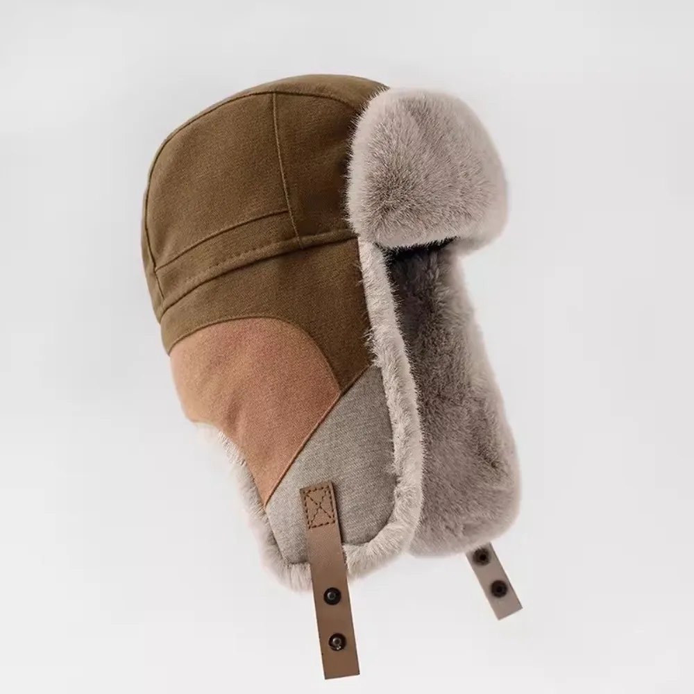 Farbblock-Wintermütze mit Fleece-Futter, Ohrenklappen, winddicht, windresistent, dicke, thermische Patchwork-Skimütze – Detail 5