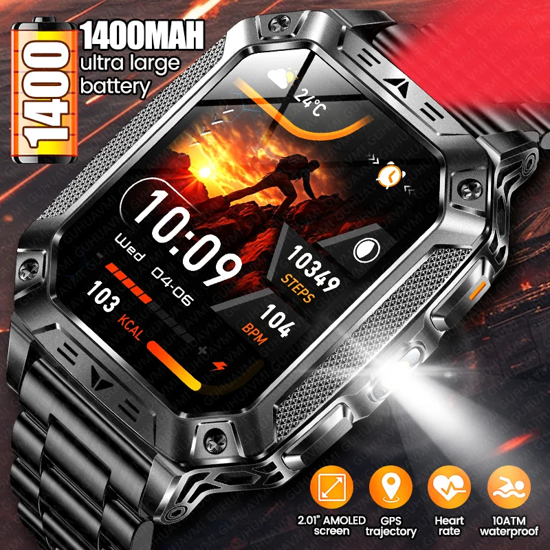 2026 New Upgraded 1400mAh Battery Capacity Smart Watch Men Outdoor GPS 10ATM Waterproof Bluetooth Call SOS Flashlight Smartwatch