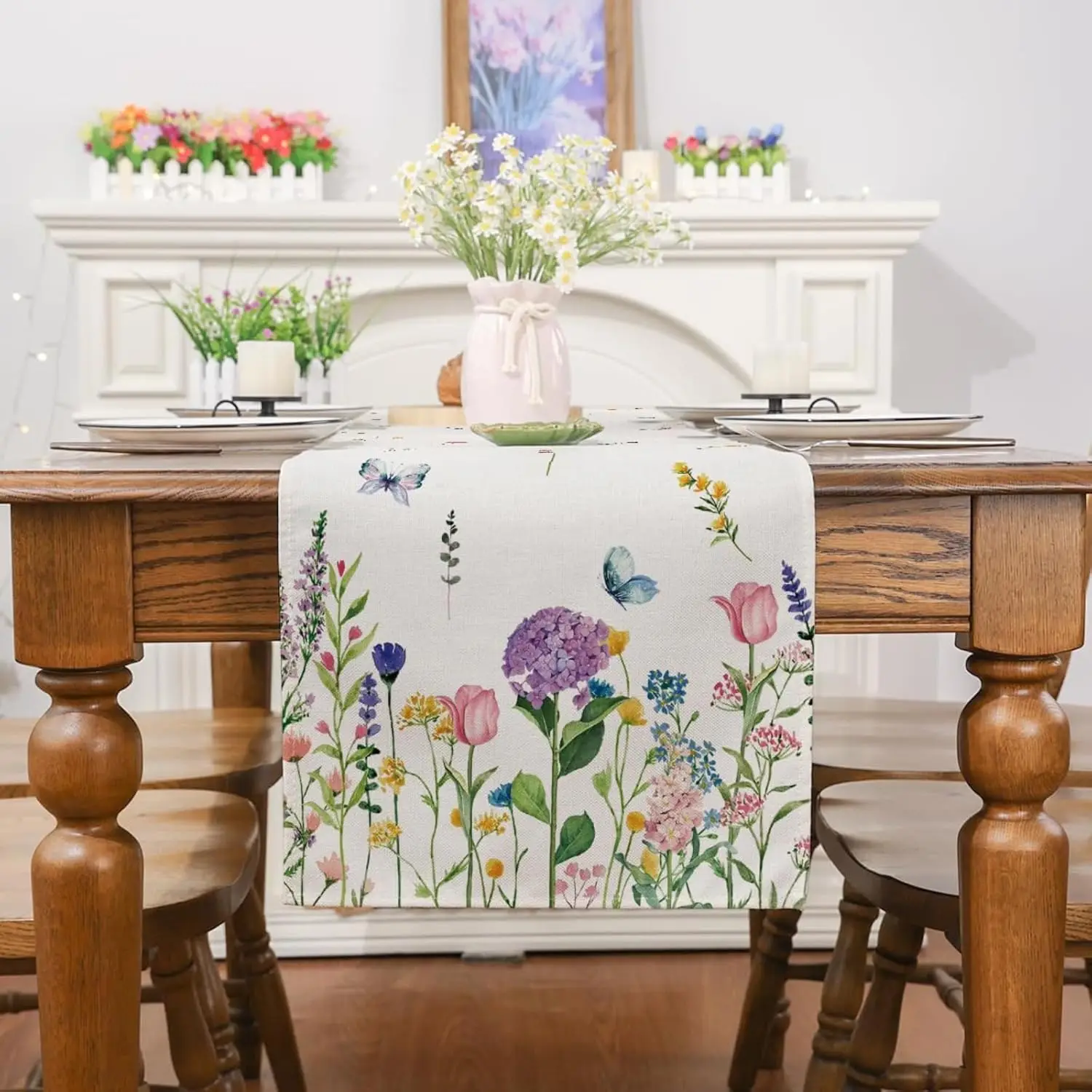 Spring Hydrangea & Tulip Table Runner with Clustered Colorful Flowers & Butterfly Print Kitchen Dining Decor Ideal for Indoor