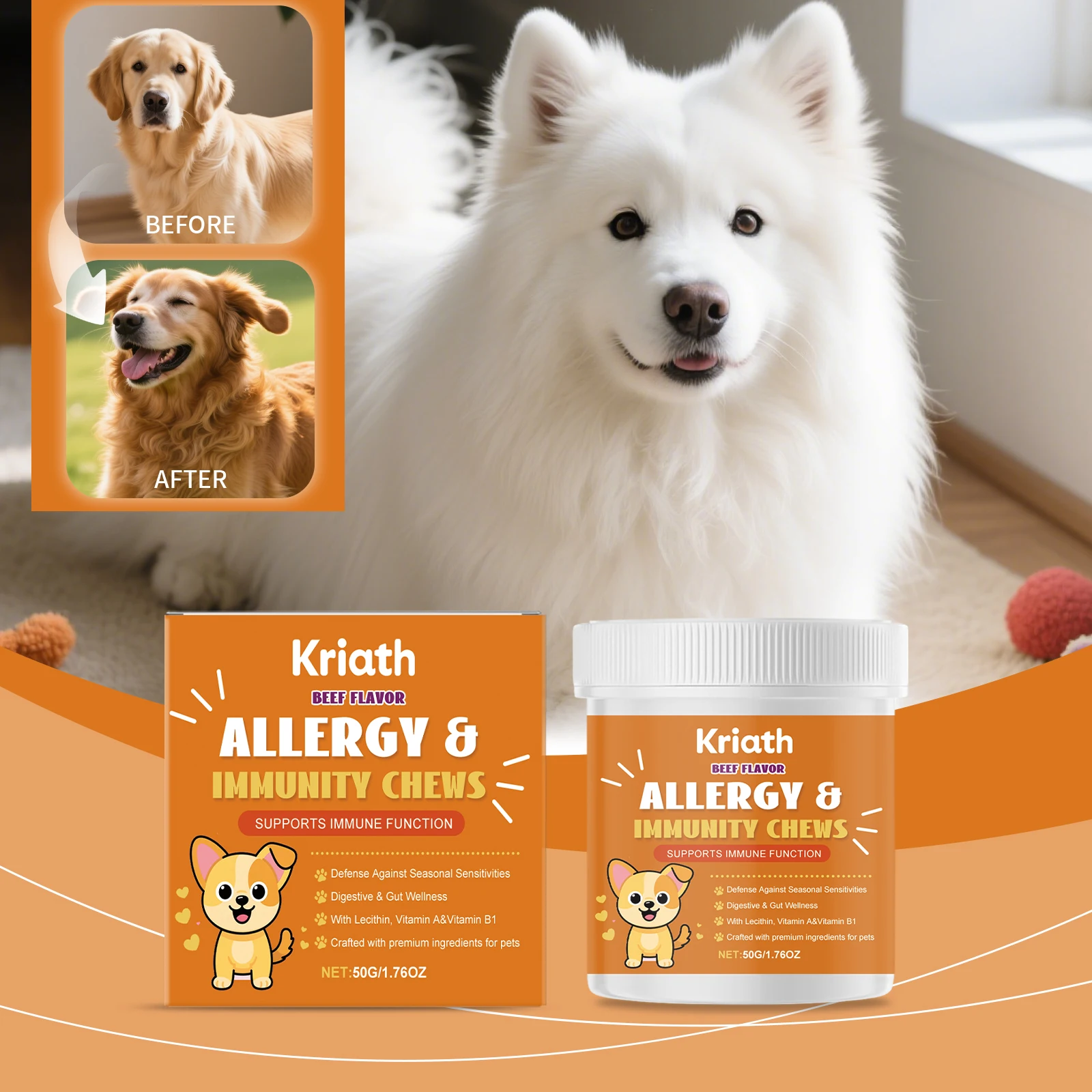 Friandises à Mâcher Immunitaires pour Chiens : Soulagement des Allergies, Nourrissent les Follicules Pileux, Réparent les Cellules, Stimulent le Métabolisme – Complément Alimentaire Palable pour Anima
