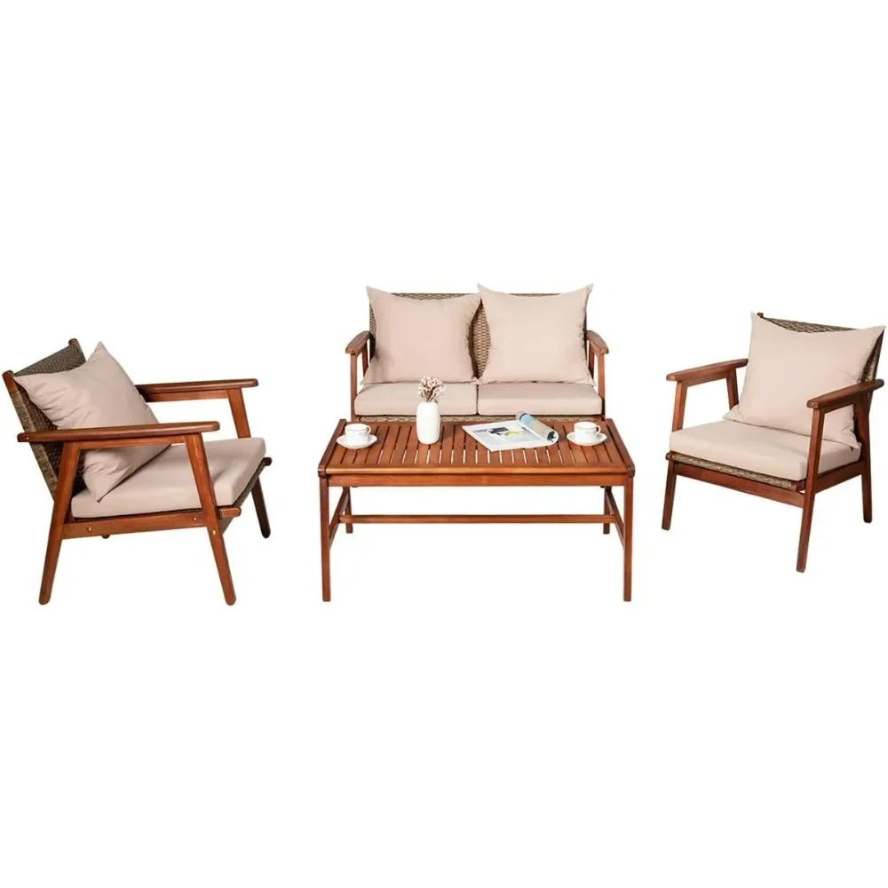 

Patio Wood Sofa Set, Outdoor Acacia Wood Seating Chat Set with Cushions & Coffee Table, ectional Conversation Sofa Set