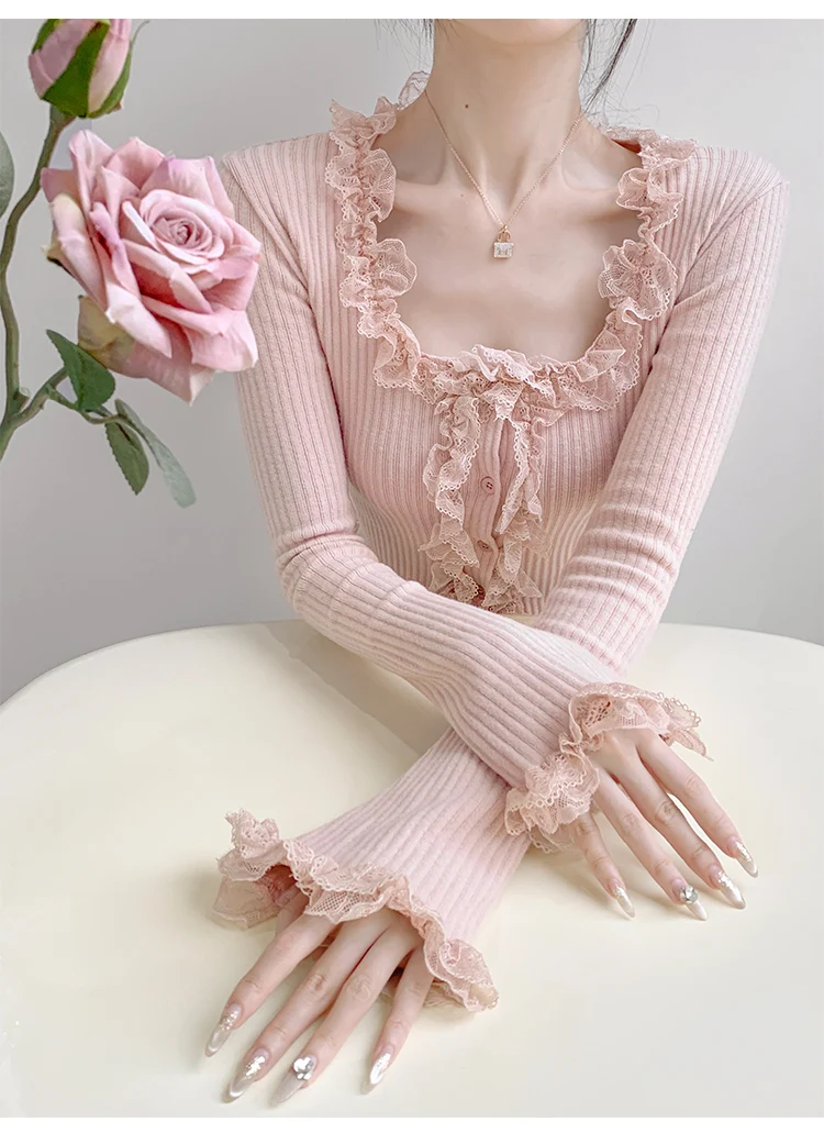 2026 Quadratischer Kragen Spitzenbesatz Langarm-Strickpullover Damen Retro Kurzer Stil Schlanke Oberteile Einreihige Strickjacke – Detail 6