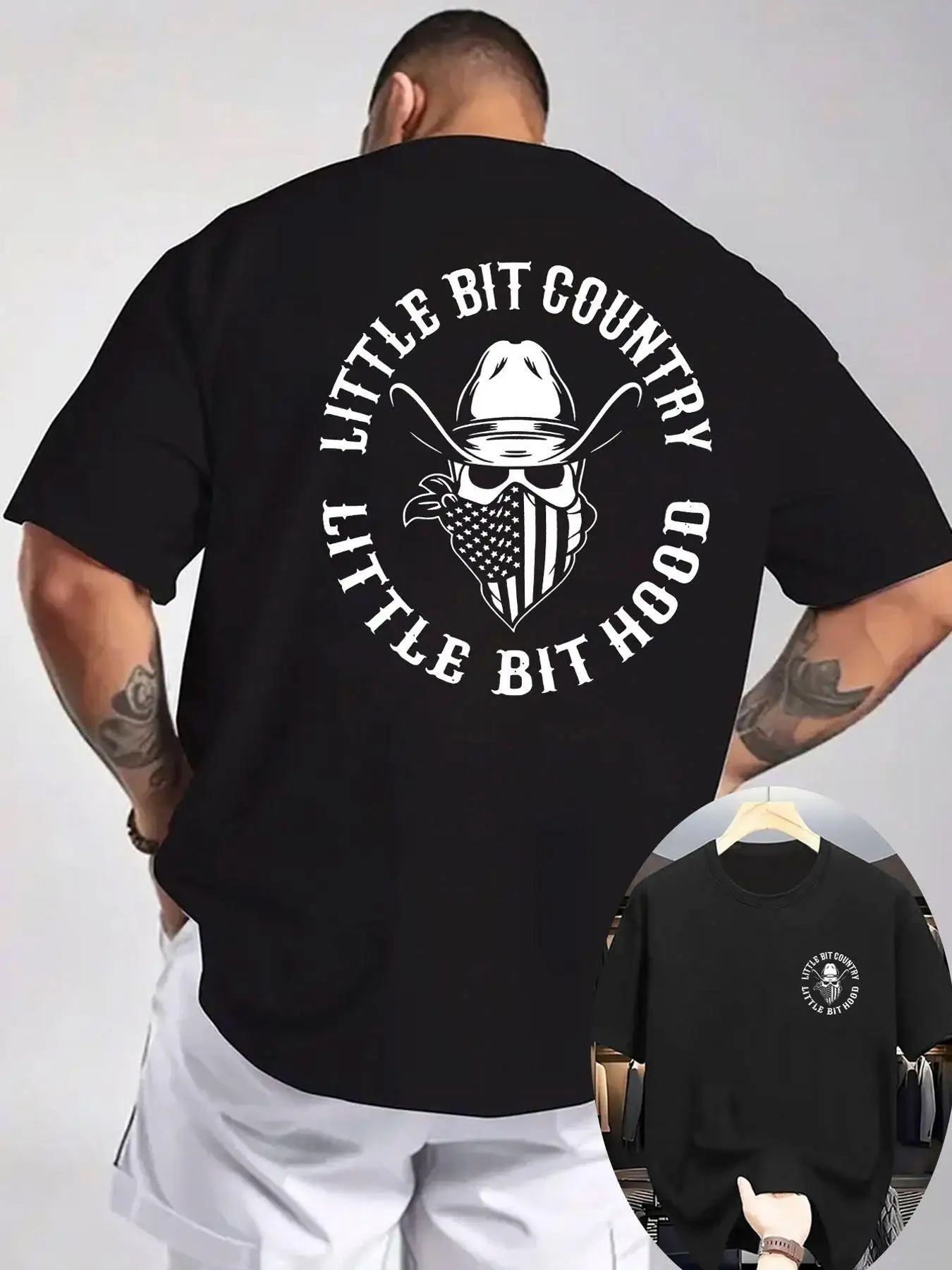 LITTLE BIT COUNTRY HOOD Cowboyhut Amerikanische Flagge Totenkopf Bandana Schwarzes T-Shirt Lässiges Herren-T-Shirt mit Hellgrauem Hintergrund-Einsatz