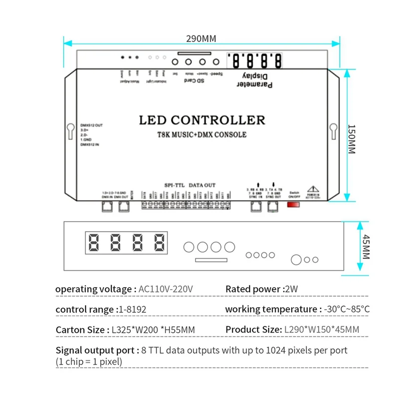 T8K Music+DMX Console 8Channels Port With Mic In/Aux In SPI-TTL Led Strip Light Controller For WS2811 WS2812B