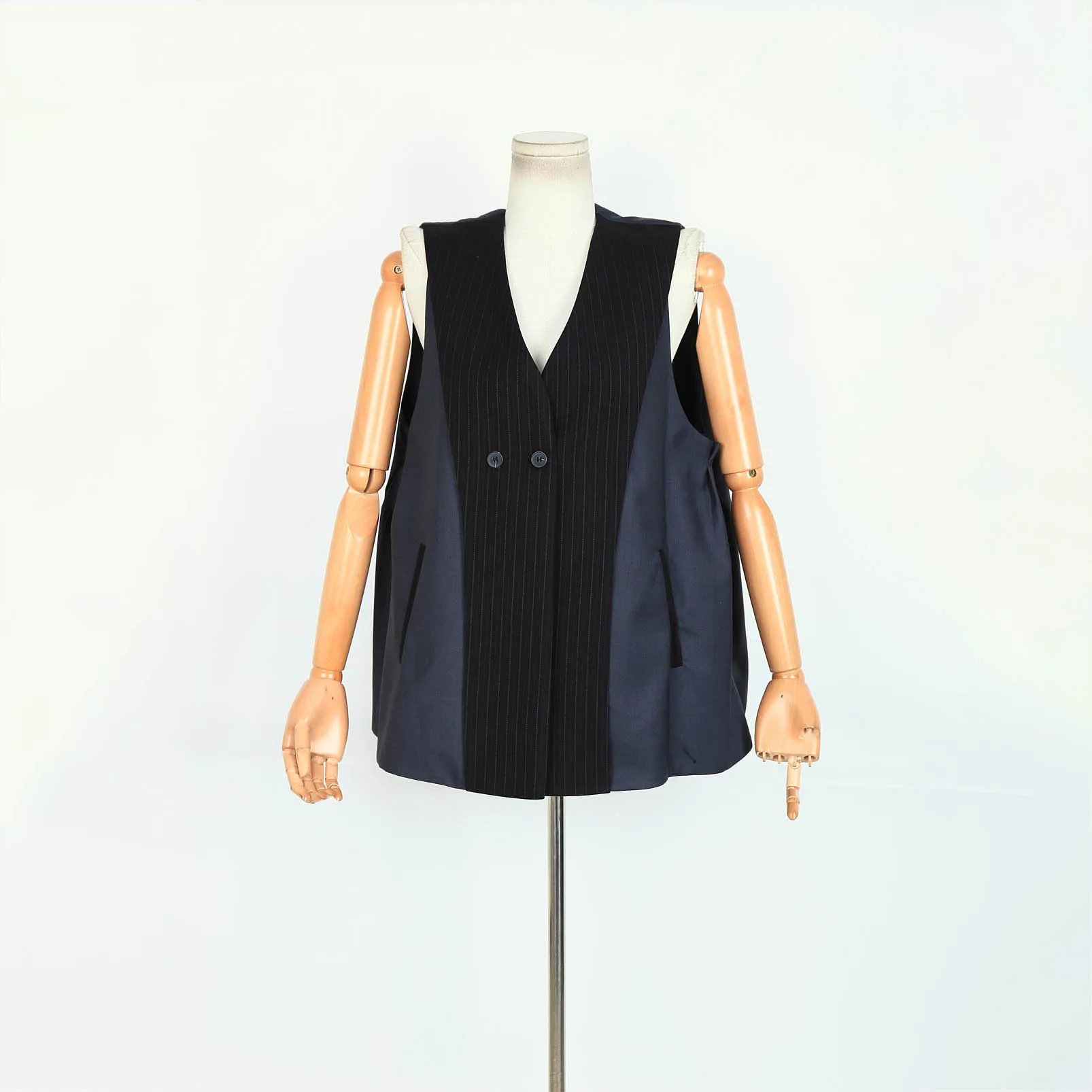 

Женский весенний жилет 2024, высококачественный черный и темно-синий лоскутный жилет в тонкую полоску, двубортный свободный пиджак без рукавов, элегантный офис