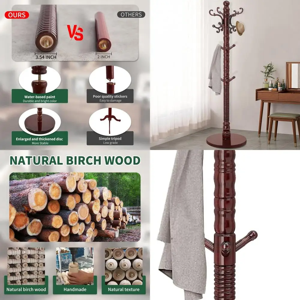 

Vintage Birch Wood Coat Rack Stand with 14 Hooks, Freestanding Entryway Tree Hanger, Easy Assembly