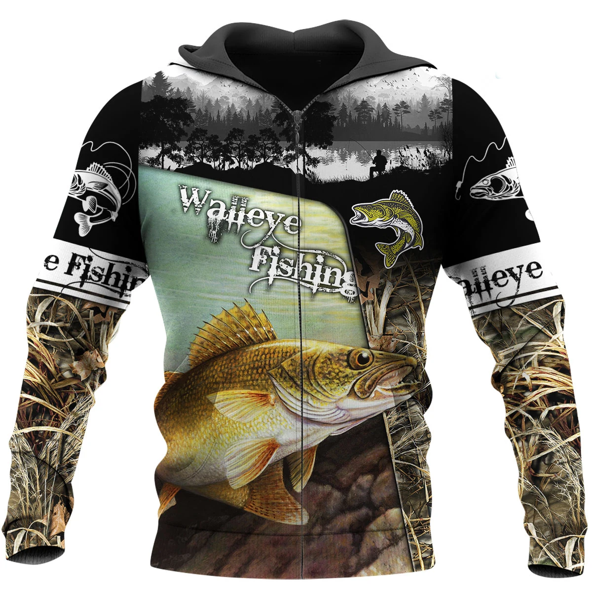 Men Zip Up Hoodie Carp Fishing Graphic Clothing Sweatshirt Casual Oversize Hoodies 3D Walleye Pike Fly Fish Printed Hooded Tops