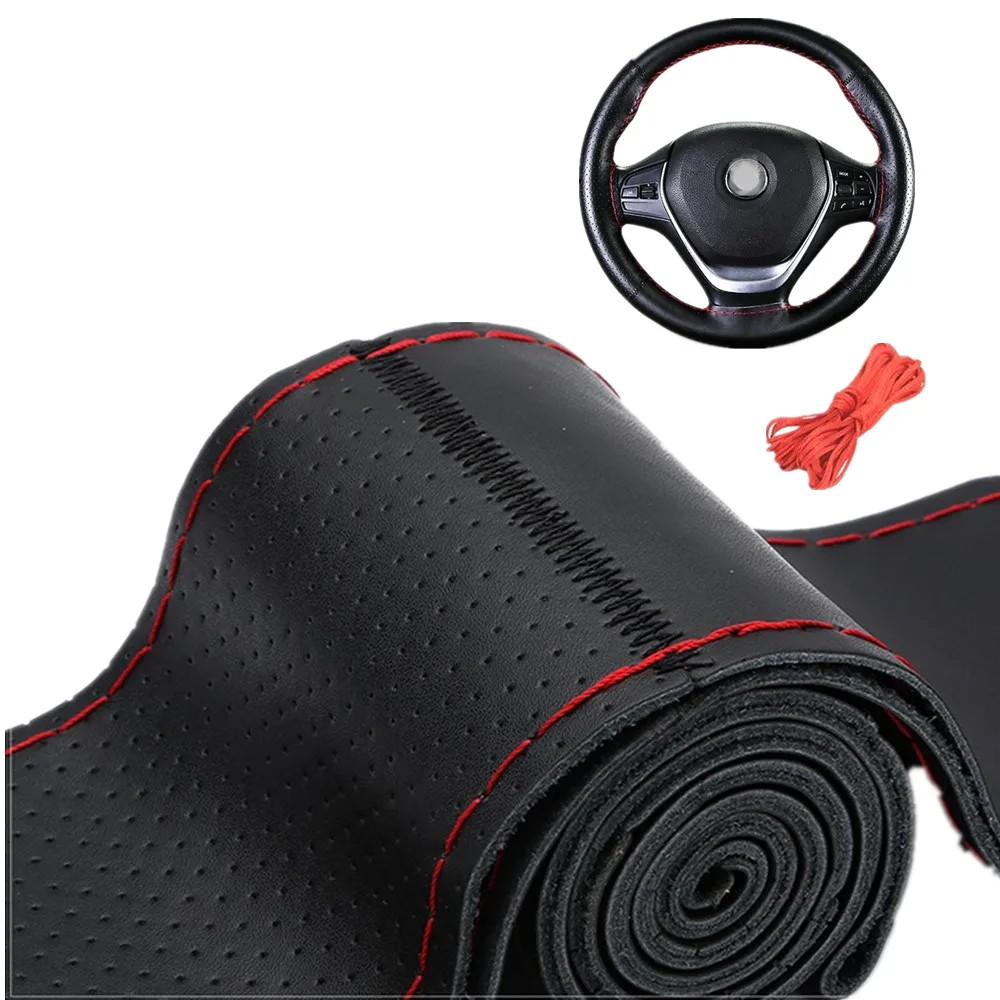 New Leather Car Steering Wheel Cover DIY 38cm Braid Steering Wheel Anti-Slip Breathable Protector for Auto Interior Accessories