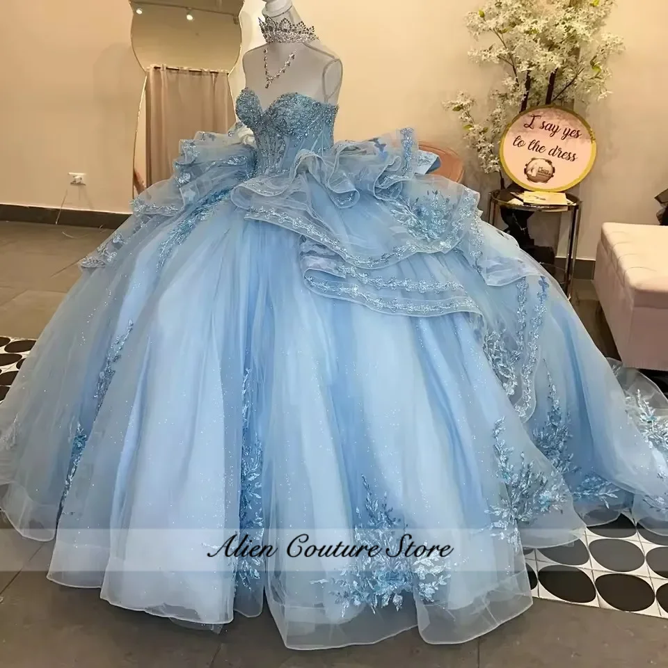 Glitter Sky Blue Sweetheart Quinceanera Dresses for 15 Lace up Tulle Appliques Beading vestidos de 15 Quinceañera 2026 Customize