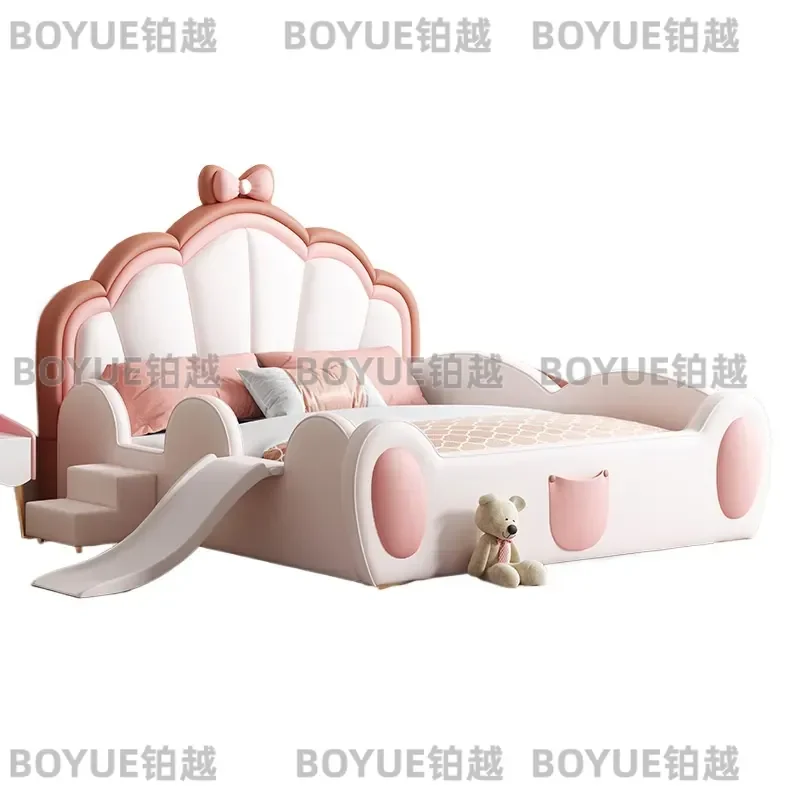 Pink Princess Bed for Girls with Slide Solid Wood Single Bed Soft Upholstered Guardrail Kids Bedroom Furniture Simple Design