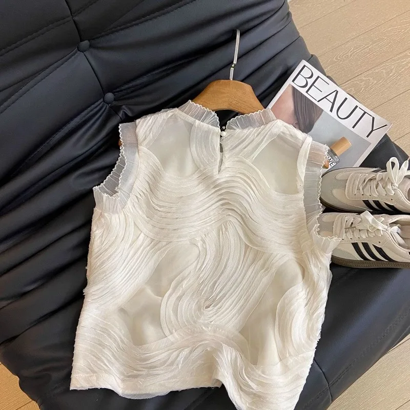 2025 Summer French Style Elegant Ruffled Sleeveless Chiffon Blouse Women Office Work Wear Casual Tops Fashion Ladies Shirt