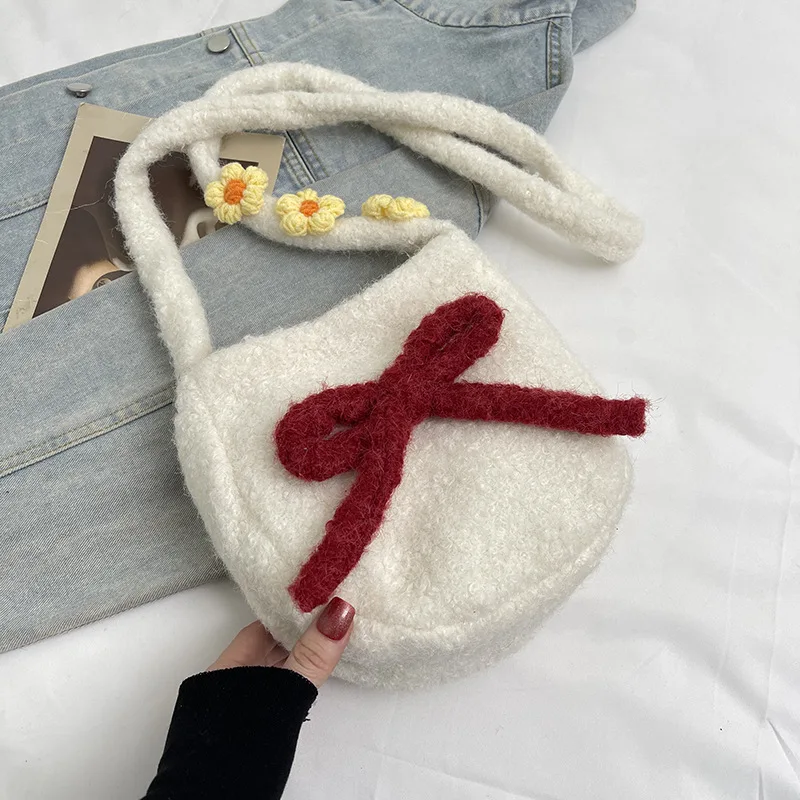 

Женская сумка через плечо с бантом-бабочкой, изысканная шерстяная сумка с 3D цветочной текстурой, модная темпераментная мини-квадратная сумка, новинка