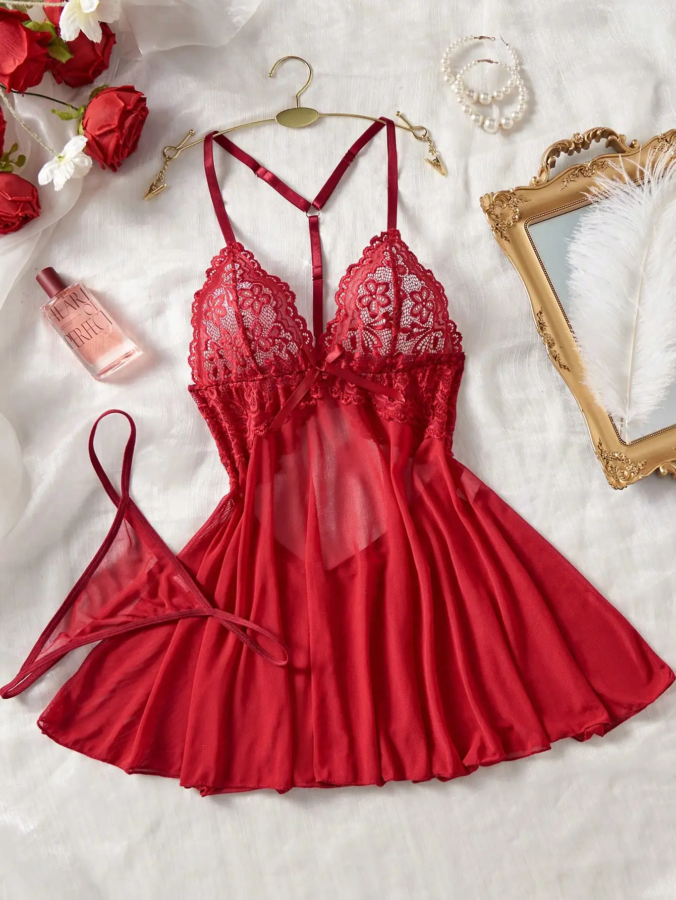 Red Lace Chemise with Sheer Skirt and Matching Thong Set
