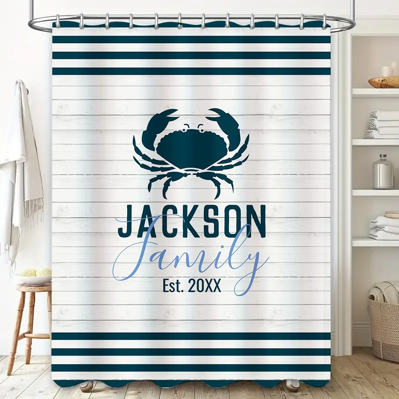 Personalized Family Name Crab Print Shower Curtain for Bathroom Decor Blue Navy White Wood Design Personalized Custom Name Decor