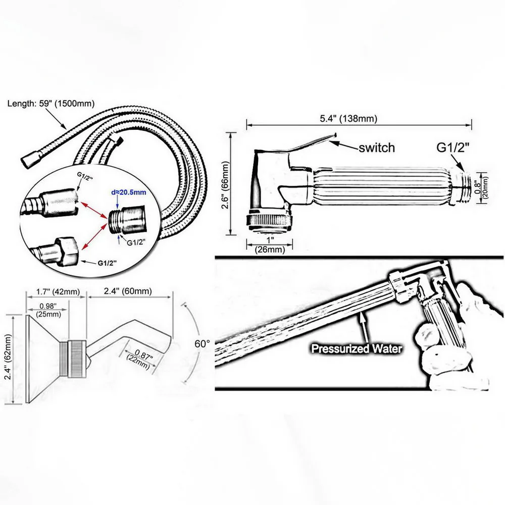 Polished Chrome Brass Bathroom Handheld Clean Pressurized Sprayer & 1.5m Shower Hose & Wall Holder Bracket 2hh022