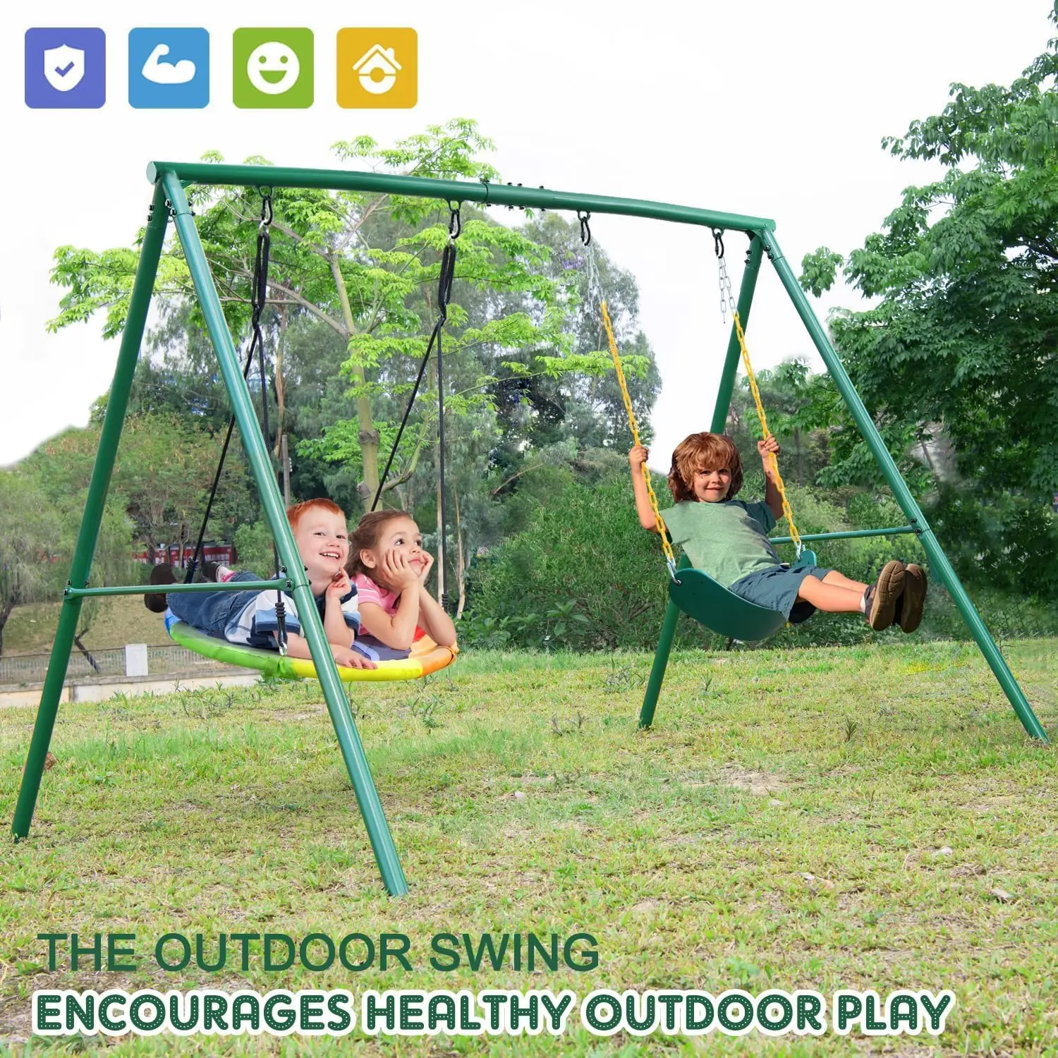 440lbs 2 Seat Swing Set for Backyard, 1 Saucer and 1 Belt with Heavy Duty Outdoor A-Frame Metal Stand