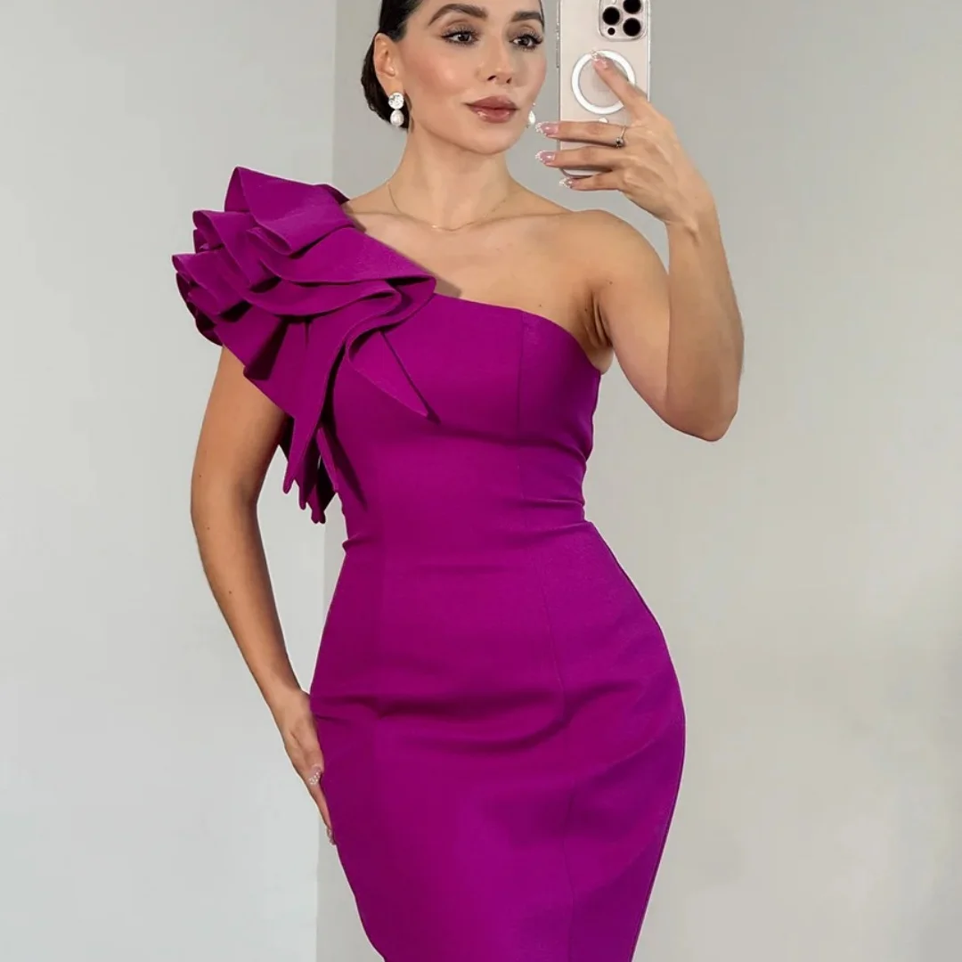 Bella personalizado fucsia un hombro decoración de lazo batas de satén de velada cola de sirena vestido largo elegante vestidos de fiesta con estilo