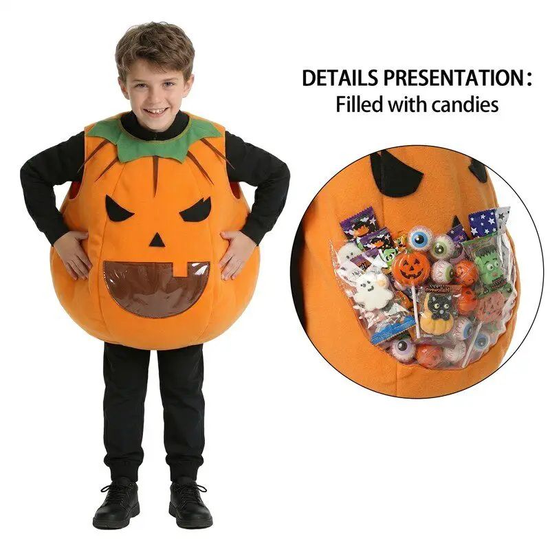 

Halloween Pumpkin Cosplay Children's Costume Funny Trick-or-Treat Role-playing Performance Outfit with Candy Bag