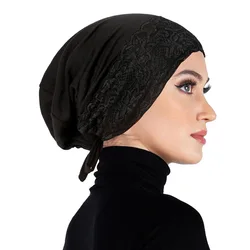 2024 New Soft Elastic Strap Muslim Turban Hat Lace Inner Hijab Caps Islamic Underscarf Bonnet Female Headwrap Turbante Mujer