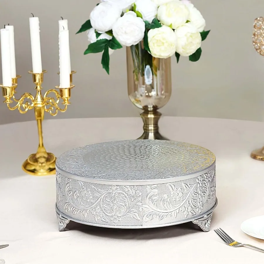 

18 inch Silver Round Embossed Metal Cake Plateau Stand Riser Wedding Birthday Party Dessert Cake Pedestal Display Plate